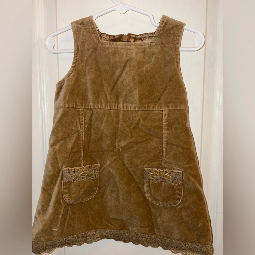 Girls Brown Suede Pinafore Dress with Lace Trim